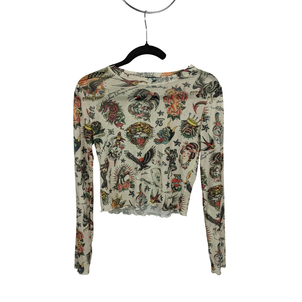 Ed Hardy Womens Tattoo Flash Print Mesh Long Sleeve Top Cream Medium Y2K